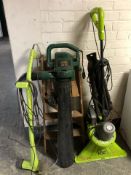 Two electric garden vacuums, a strimmer and a set of pine folding steps.