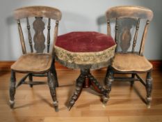 A pair of 19th century beech chairs and a bobbin turned octagonal table with tasseled fabric top.