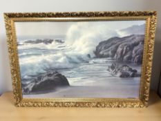 After Fetherolf : Waves crashing against cliffs, colour print, 57 cm x 87 cm.