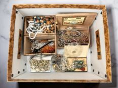 Costume jewellery including bead necklaces, white metal items, Scottish brooch,