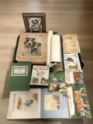 A vintage chocolate box, numerous books of cigarette cards, various rolled documents, ephemera,
