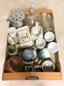 Kitchenalia including a Kilner indoor composter, large Kilner jar, whisky jugs, stoneware items,