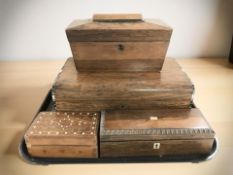Three 19th century rosewood table boxes and a further Indian bone inlaid trinket box