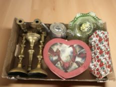 A group of Victorian brass candlesticks, coffee service in box, EPNS tea pot,