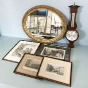 An oval gilt framed mirror, reproduction barometer,