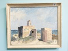 Mary Godden : Quara Point, Malta, oil on board, 39 cm x 49 cm, framed.