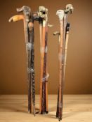 Approximately sixteen walking sticks including various brass headed examples.