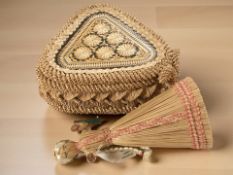A Russian straw work doll and a similar triangular lidded jewellery box.