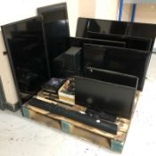 Eight various flat screen TVs and monitors, an LG sound bar,