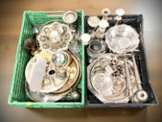 Assorted EPNS and gilt metal items including candlesticks, swing handled baskets and trays, etc.