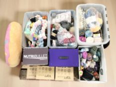 A large quantity of wool, doughnut cushion, metal storage box,
