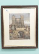 Paul Marny (French/British 1829-1914): Two Figures Under a Stone Archway with Castle Beyond,