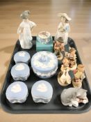 A group of Goebel figures of boys and girls, five items of Wedgwood blue and white jasperware,
