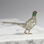 An antique platinum diamond and enamel pheasant bar brooch, length 4.