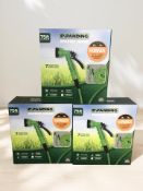 Three 75ft expanding garden hoses in boxes.