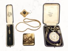 A group of antique jewellery comprising a 9ct gold Victorian stick pin set with a ruby,