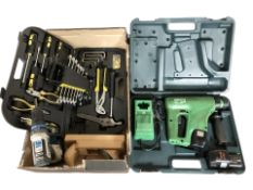 A MacAllister drill, tool set, a Hitachi drill in case and a wood plane.