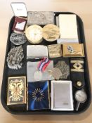 A collection of compacts, quartz timepiece, a Ronson lighter, EPNS trinket box, cigarette boxes,