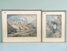 E Webb (20th Century) : Fishing Boats Moored at Low Tide with Cliffs and Buildings Beyond,