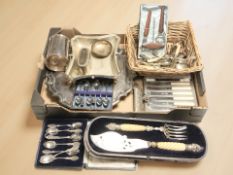 Assorted plated wares including a highly ornate fish carving set with faux ivory handles (case as