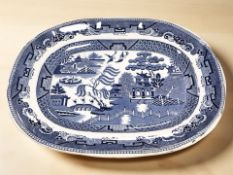 A Bell & Co. blue and white transfer printed willow patterned meat plate, width 43 cm.