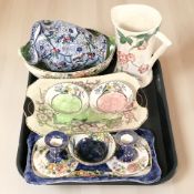 Maling lustre items including dressing table tray with matching bowl and squat candlesticks,