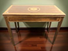 A reproduction mahogany and satinwood inlaid turnover top card table,
