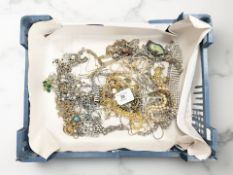 A group of costume jewellery, a small 9ct gold heart-shaped lock on plated chain,