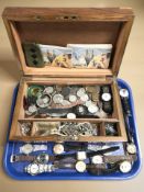 A Victorian mahogany writing box containing various costume jewellery, bank notes,