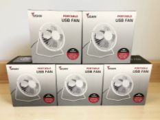 Five Siskin portable USB fans in retail boxes.