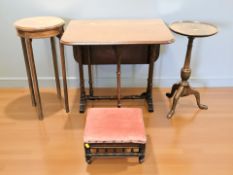 A mahogany drop leaf gate leg occasional table, extended 70 cm wide, a small foot stool,