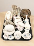 A Crown Ducal rose bowl, several stoneware figures, several pieces of Wedgwood Ice Rose porcelain,