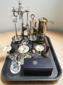 A Lamp & Limelight brass miner's lamp, together with two fire companion sets,