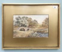 20th Century British School : A Wooded River Landscape with Stone Bridge, watercolour,