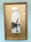 P Lionel : A Barge Under Sail in Calm Waters, oil on panel, signed, 32 cm x 13 cm, framed.