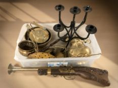 An ornamental blunderbuss with brass barrel, together with other brass items, trivets, kettle,