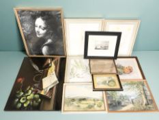 A group of pictures and prints, 19th century hand coloured engravings, watercolour landscapes, etc.