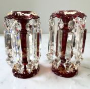 A pair of Victorian ruby glass hand painted and gilt table lustres,