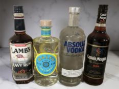 Four bottles of alcohol to include Absolut vodka 1L, Lamb's Navy rum 700ml,