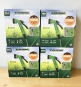 Four 75ft expanding garden hoses in boxes.