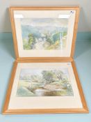 Ken Stainsby (British, 20th Century) : A Meandering River with an Arched Bridge Beyond, watercolour,