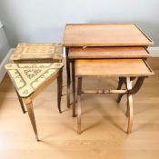A nest of three yew wood tables and two Italian inlaid occasional tables