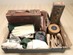 Assorted antique costume accessories including calfskin gloves, ebony glove stretcher,