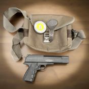A Weihrauch HW45 .177 calibre pellet pistol, with green canvas bag and tin of pellets.