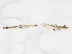 Two antique yellow gold bar brooches CONDITION REPORT: Hallmarks rubbed,