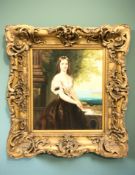 A contemporary oil on canvas, portrait of a lady, in ornate reproduction gilt frame,