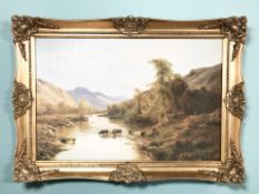 After Alfred De Breanski : Cattle watering in a river in a valley landscape, colour print,