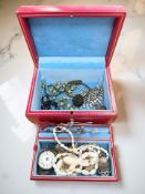 A jewellery box containing costume jewellery, silver items including fob watch (Af), thimble,