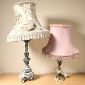 An onyx and gilt metal table lamp and a silvered lamp, with shades, tallest 94 cm.