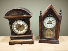 A late 19th century beech eight day mantel clock with enameled dial and an American mantel clock in
